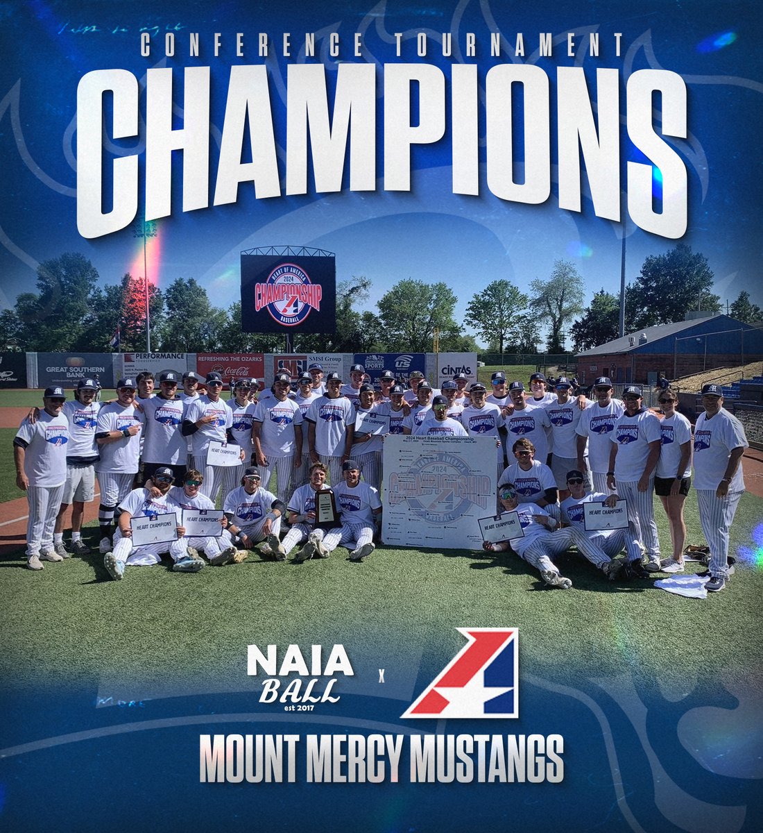 🚨Congratulations to Mount Mercy (32-20) as they defeated Park University 20-3 to claim their first ever Heart of America Conference Tournament Title! The Mustangs are also headed to the NAIA Opening Round for the first time in program history. #NAIABall @Go_Mustangs