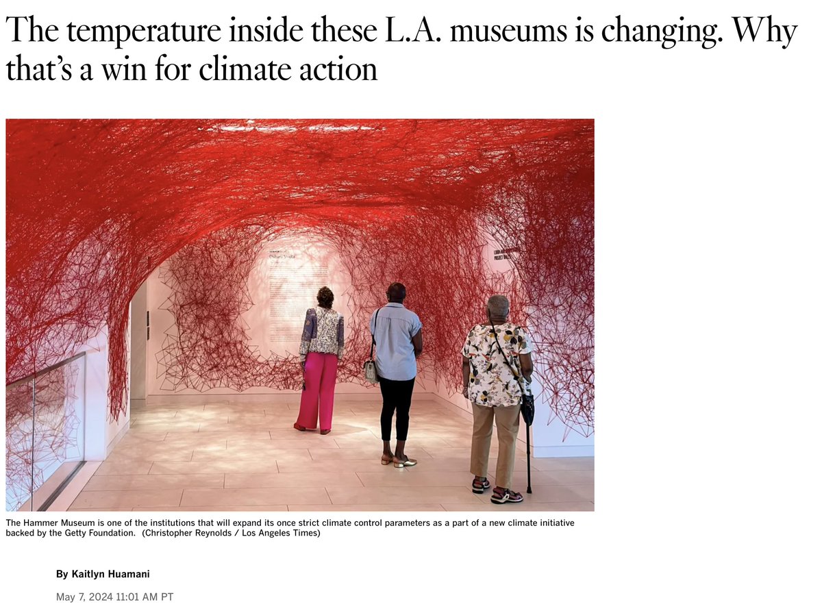 Climate hoax hits artists:

Los Angeles art museums to save planet by reducing climate control and forcing artists to produce artwork that can survive with reduced temperature and humidity controls.

Also:

Participating institutions may repurpose materials, encourage artists to