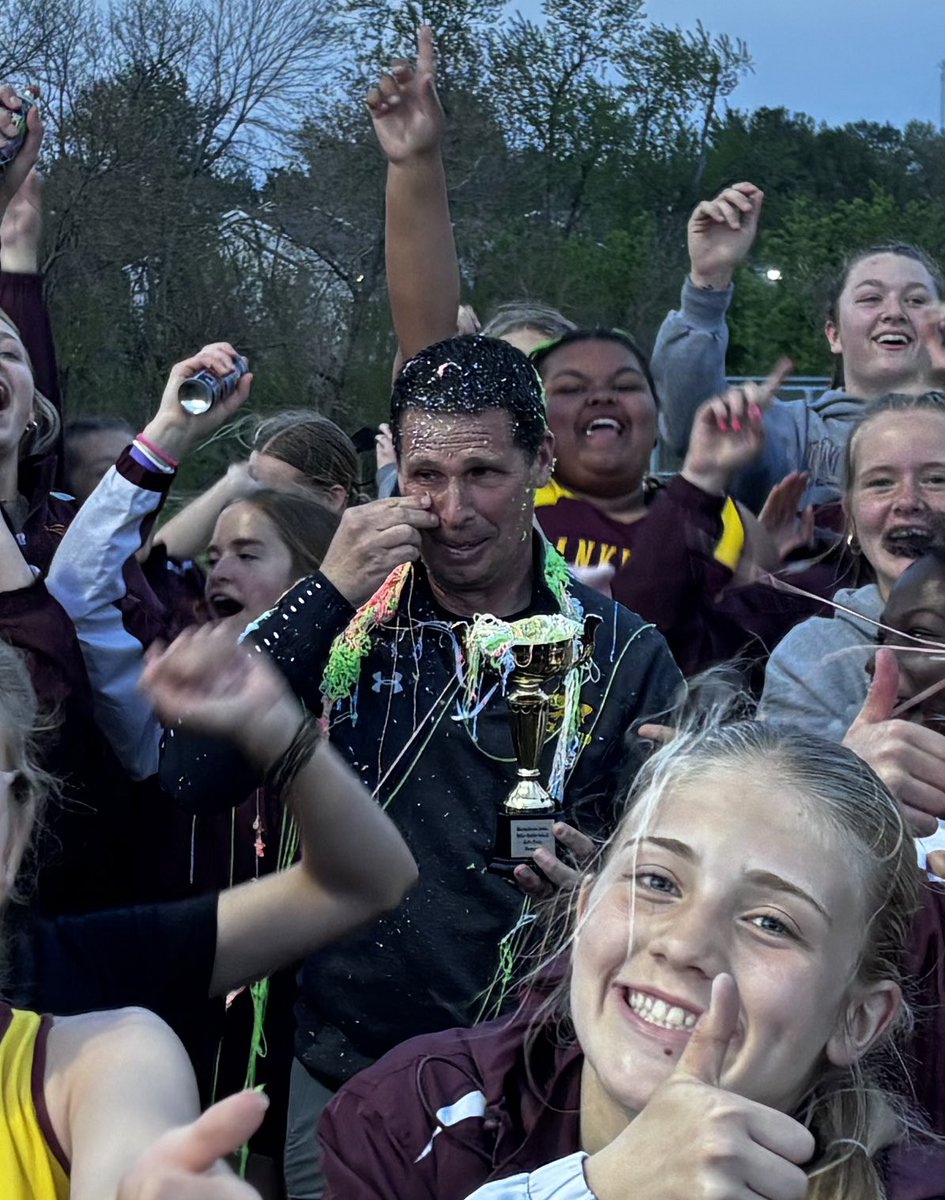 Ankeny8GirlsTF's tweet photo. It was a fun end to the season last night with the victory lap and having the whole team together at Marshalltown. The team thought silly string was an appropriate way to finish out the career. I’m glad they chose that rather than Gatorade!! https://t.co/i4eFgX41nr