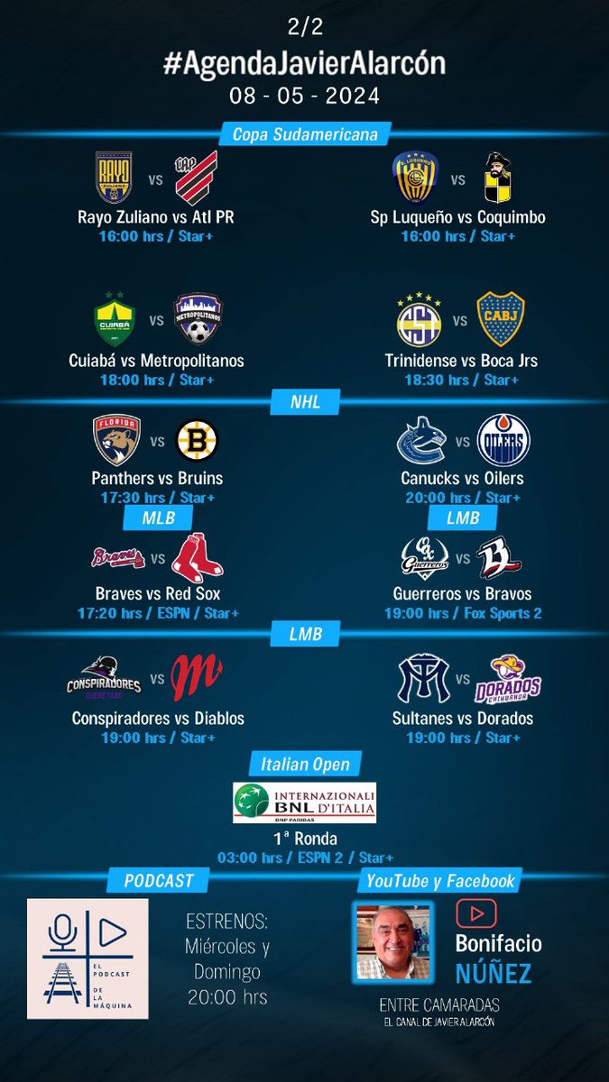 #AgendaJavierAlarcon | #LigaBBVAMX #LigaBBVAExpansión #UCL #UECL #Libertadores #CopaSudamericana #NBA #NHL #MLB #LMB #IBI24 #EntreCamaradas