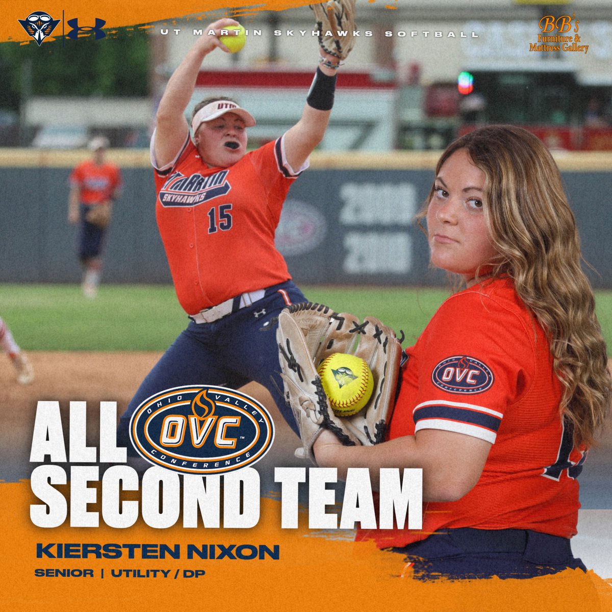 Congratulations to @UTMSoftball senior utility/DP Kiersten Nixon on earning an All-OVC second team selection! 🥎 .303 average | 5 2Bs | 2 HR | 14 RBIs 🥎 8-1 with 1.55 ERA in OVC play Story: tinyurl.com/5b6zctub #MartinMade | #OVCit