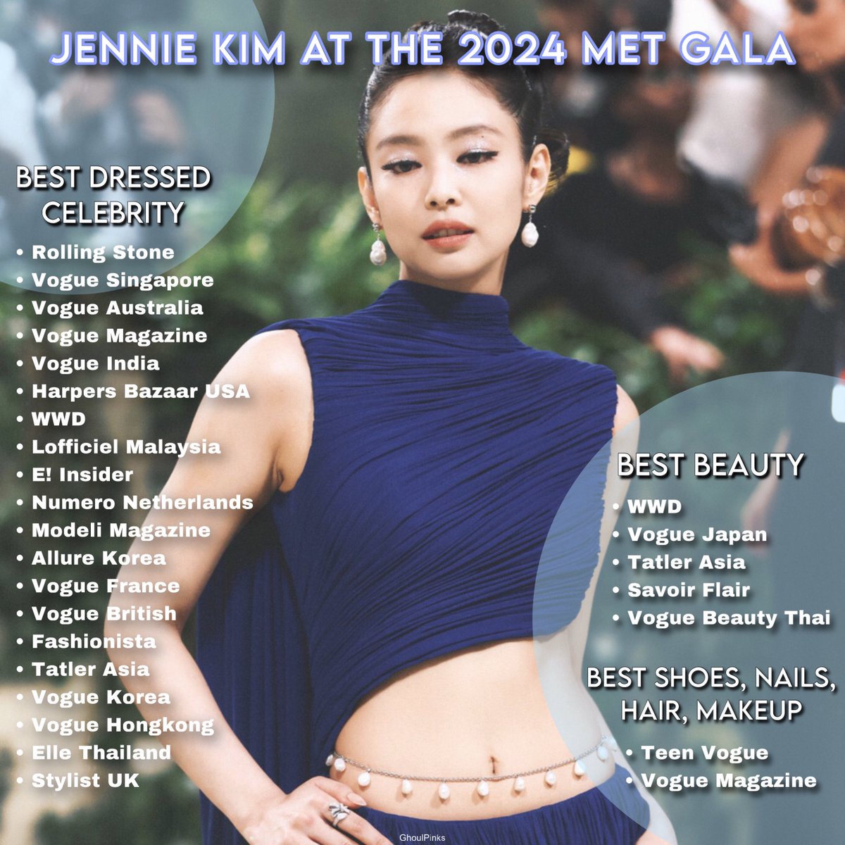 jennie kim named as ‘THE BEST DRESSED’ celebrity at the 2024 #MetGala: #4 Rolling Stone #4 Vogue Singapore #4 Vogue Australia #6 Vogue Magazine #6 Vogue India #6 Harpers Bazaar USA #6 WWD #6 Vogue France #6 Vogue British #8 Fashionista #11 Tatler Asia the best…