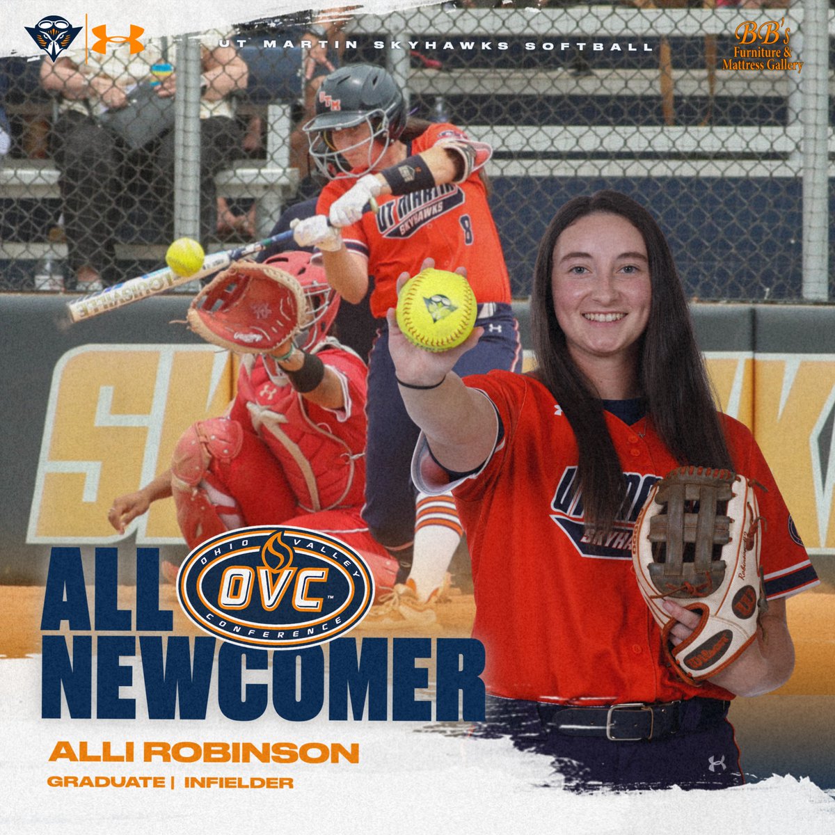Congratulations to @UTMSoftball infielder Alli Robinson on claiming a spot on the OVC All-Newcomer team! 🥎 .298 average | 8 2Bs | 2 HR | 19 RBIs 🥎 .855 OPS | 8 multi-hit games Story: tinyurl.com/5b6zctub #MartinMade | #OVCit