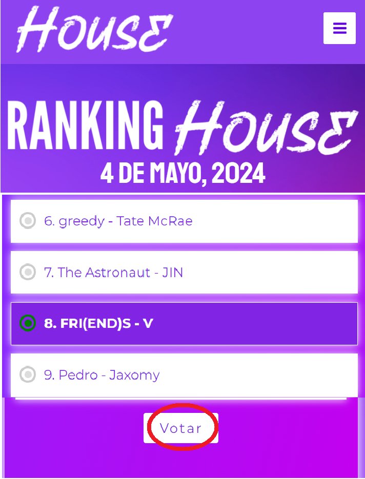 멕시코 🇲🇽의 음악방송, House Radio MX 
투표기간이 3일 남았습니다!
뷔의 FRI(END)S에 투표해 주세요.

👉🏻houseradio.com.mx/ranking-house/
