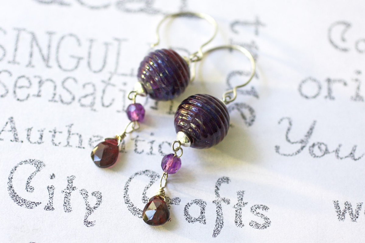 Garnet Silver Earrings  Long Lamp Work and purple Gemstone Boho Sterling Silver Gift for Woman tuppu.net/c6d2513a #handmadeinUSA #CapitalCityCrafts #giftideas #Etsy #artisanjewelry #AmethystEarrings