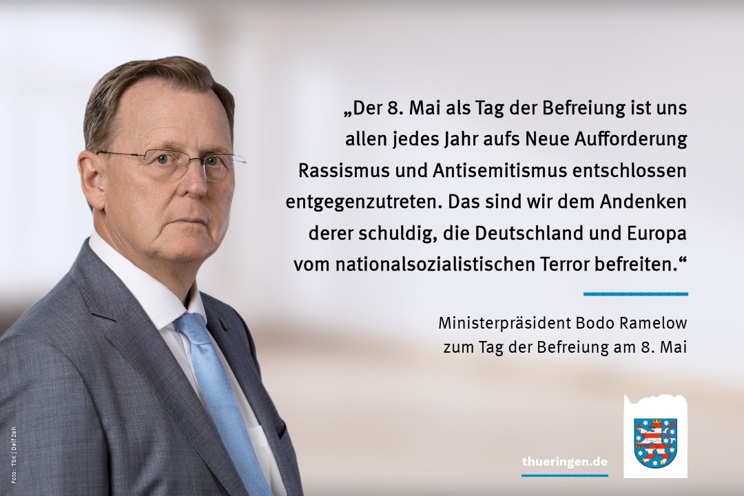 „Der 8. Mai als Tag der Befreiung ist uns allen jedes Jahr aufs Neue Aufforderung, Rassismus und Antisemitismus entschlossen entgegenzutreten. Das sind wir dem Andenken derer schuldig, die Deutschland und Europa vom nationalsozialistischen Terror befreiten.“ Ministerpräsident…