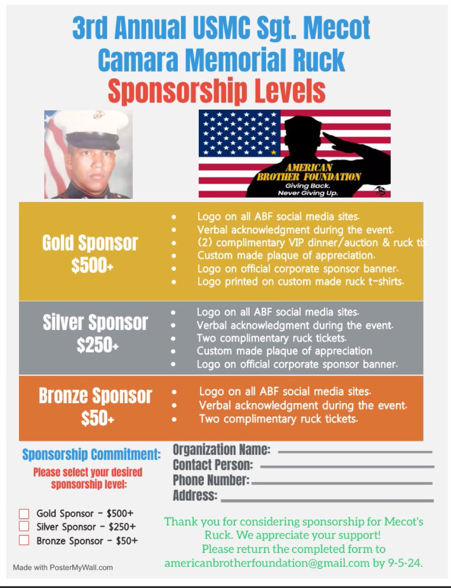 If your organization would like to be a corporate sponsor for the 3rd Annual USMC Sgt. Mecot Camara Memorial Ruck please let us know.
Attached is the information and we’d be so thankful!  Save the date:  October 5th in Hinton, West Virginia!
#givingback #nevergivingup #love