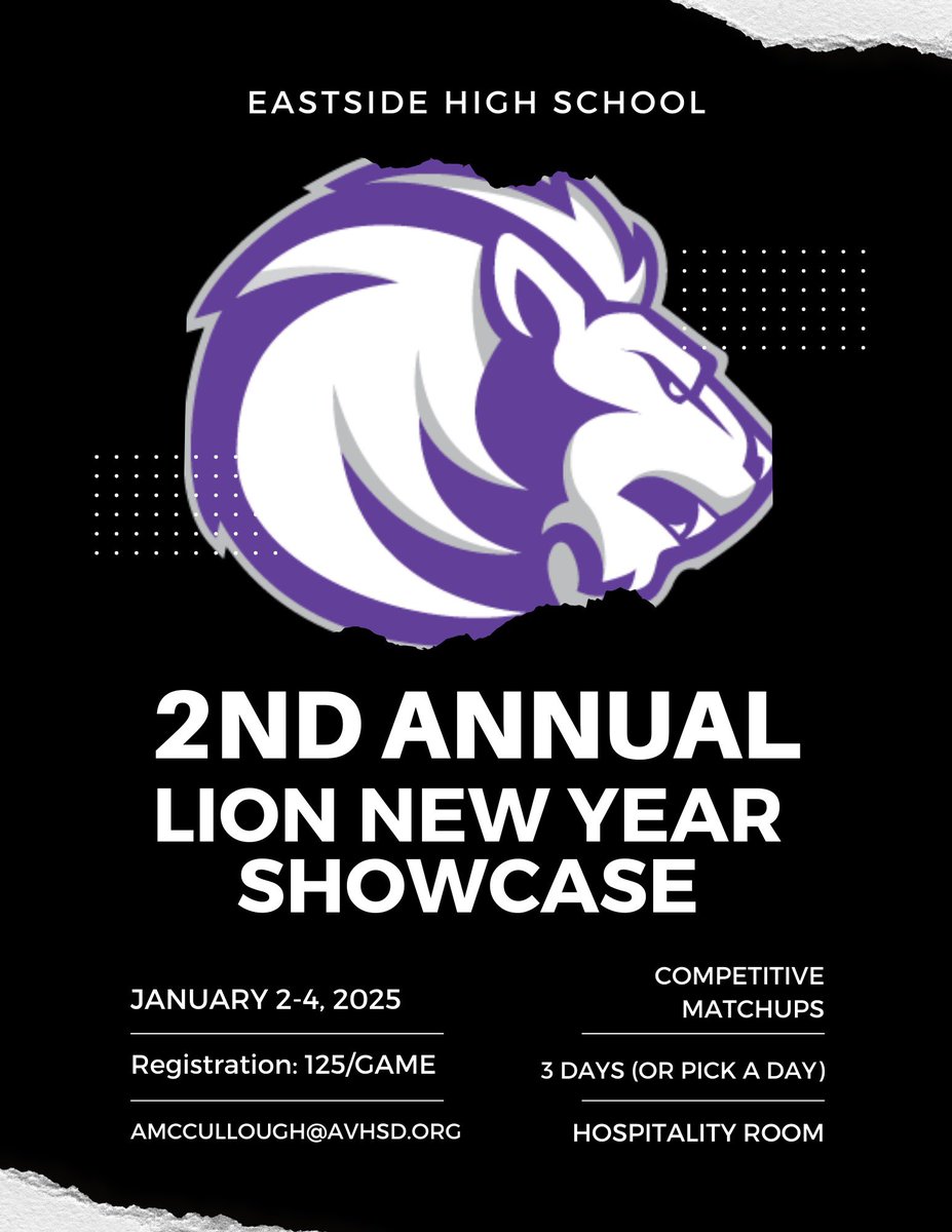 Eastside HS “Lions Den New Year Showcase” is looking for a couple teams that want to play on January 2nd @pollonpreps @LACourtReport @TheGaragePod @BeachCityHoops