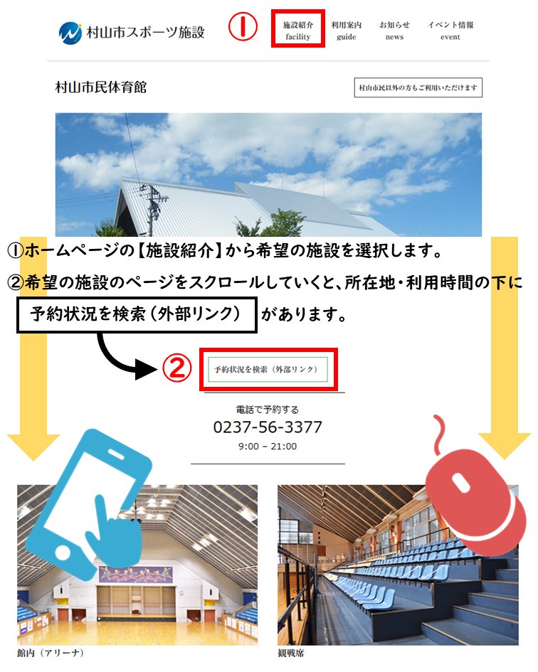 こんにちは！#村山市民体育館 です。

村山市スポーツ施設のHPでは【施設紹介】のページから施設の予約状況が分かる、山形県施設予約サービスへの外部リンクがございます💻

施設予約サービスのサイトが見つけられない😥という方はぜひHPのリンクから使いたい施設の空き情報を検索してみてくださいね✨