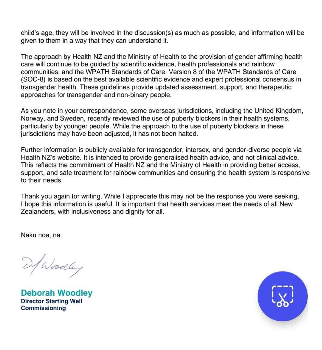 Oh, wow - hang on tight to your kids if you’re in NZ! A letter received by a concerned parent from Health NZ confirms they are going to keep following WPATH guidelines, and - to paraphrase - take advice from TQ lobby groups and those invested in maintaining the TQ status quo 😲