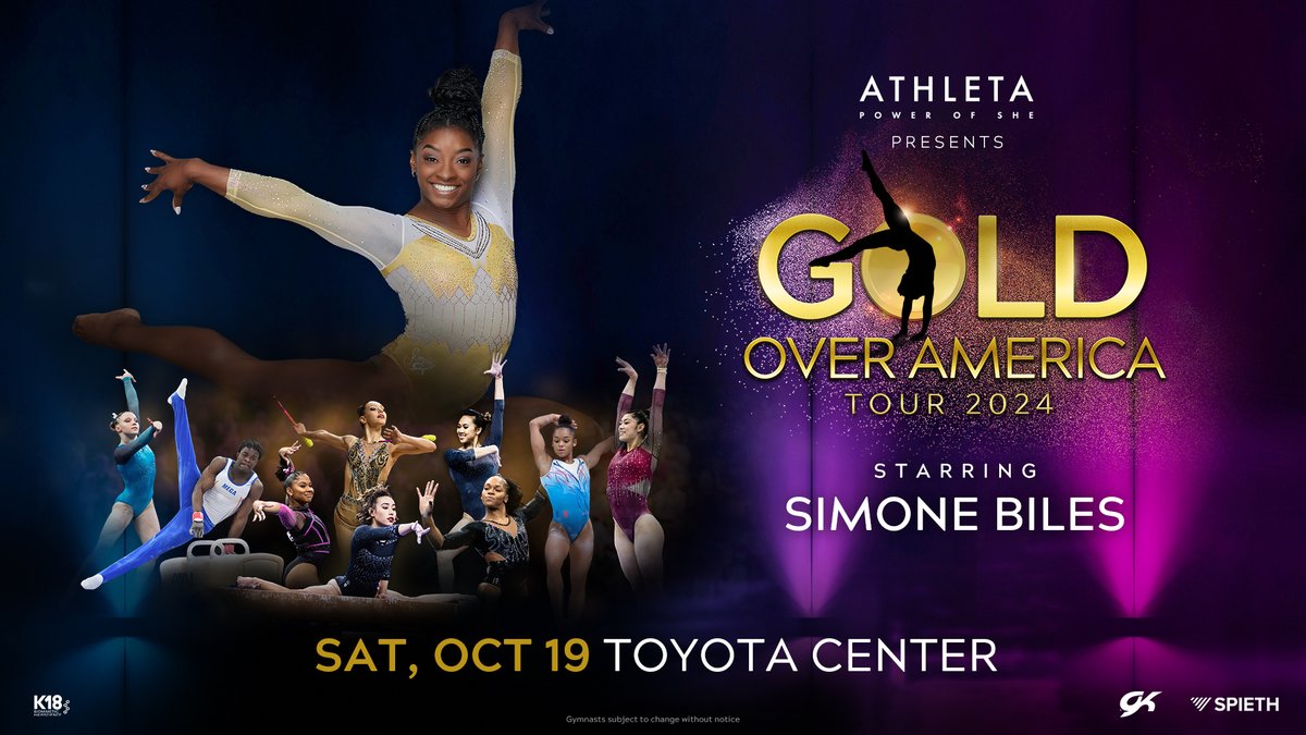 Let's GOAT! Athleta Presents Gold Over America Tour Starring Simone Biles is coming to Toyota Center on October 19. World class gymnastics, big pop energy, and the Gold Squad dancers will make you flip! Tickets go on sale May 17 at 10am CST! More info: bit.ly/3WzDz8K