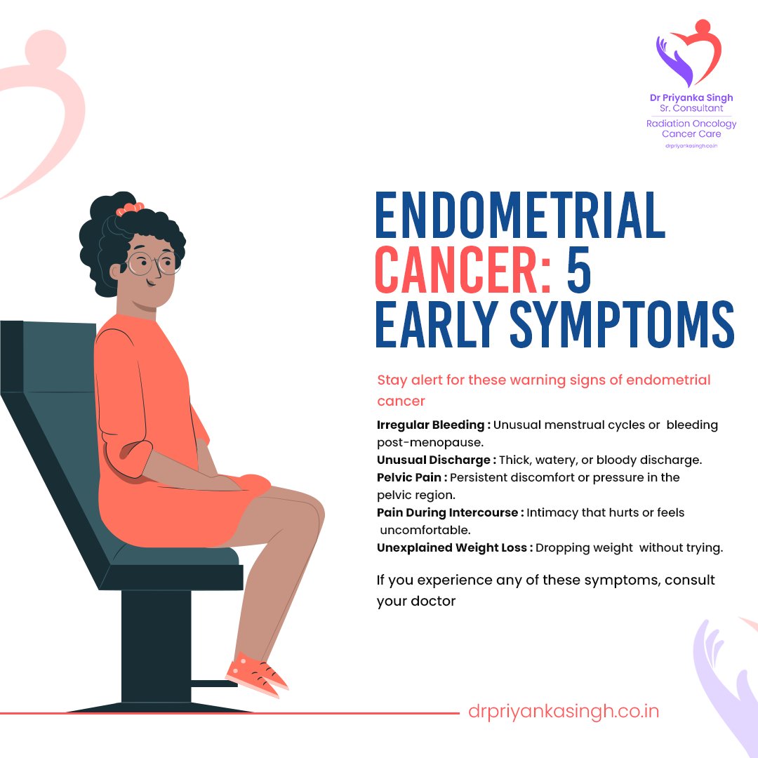 Knowledge is empowerment, especially when it comes to recognizing early signs of endometrial cancer. Here are five symptoms to watch out for!

.
.
#CancerAwareness #cancer #healthcare #healthinformation #drpriyankasingh #Radiationoncologist
