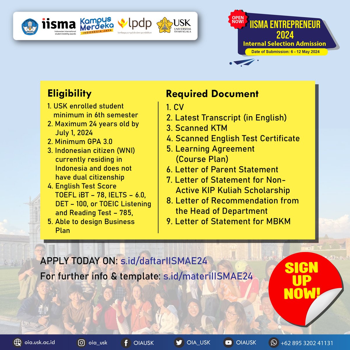 IISMA-E 2024 Internal Selection Admission. Calling all entrepreneurs to apply for this prestigious program! Apply now and make your dreams come true! #IISMAE #IISMA2024 #IISMAEntrepreneur #StudyAbroad #Business #Innovation