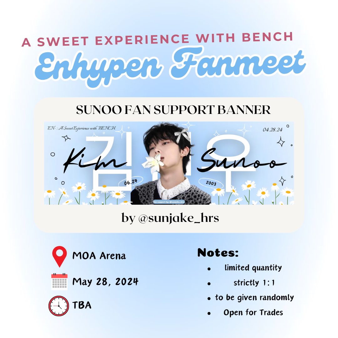 Enhypen Bench Fanmeet Freebie

💌: Sunoo Fan Support by @sunjake_hrs 

-> like and rt, follow (optional)
-> strictly 1:1 ratio
-> open for trades 

Note: to be given randomly to avoid mobbing and will go private on d-day

#ASweetExperienceWithBENCH #BENCHandENHYPEN #ENHYPEN_SUNOO