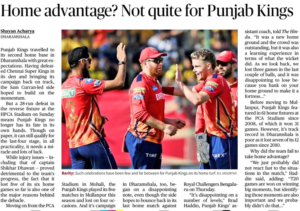 Punjab Kings lost four of its five games at Mullanpur and started its Dharamshala leg with a defeat. So, it's not quite a home advantage for the Sam Curran-led side. In today's @the_hindu