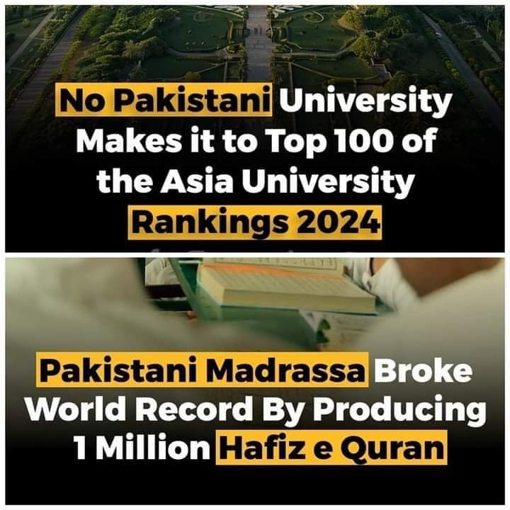 *پاکستان کی کوئی بھی یونیورسٹی دنیا کی پہلی 100 یونیورسٹی میں نھی آسکی جب پاکستان کے مدرسوں نے ولڈ ریکارڈ قائم کیا ھے حافظ قرآن بنا کر *الحمداللہ رب العالمین*
کہاں ہیں لنڈے کے لبرلز
#ImranKhan804
#May9th_FalseFlag
#AbsolutelyNot