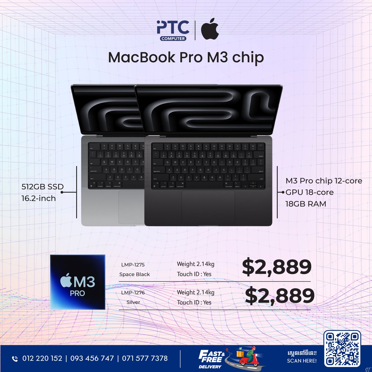 ptccomputerkh's tweet image. Apple MacBook Pro M3 chip រូបរាងស្អាតទាន់សម័យ ជាមួយអេក្រង់ 14.2icnh -16.2icnh ដែលមានកម្រិត និងមាន SSD 1TB 😍✨
- ptc-computer.com.kh/ptc-computer
t.me/PTCOnlineSales

#ptccomputer  #macbook  #apple #macbookm3chip  #macbookpro