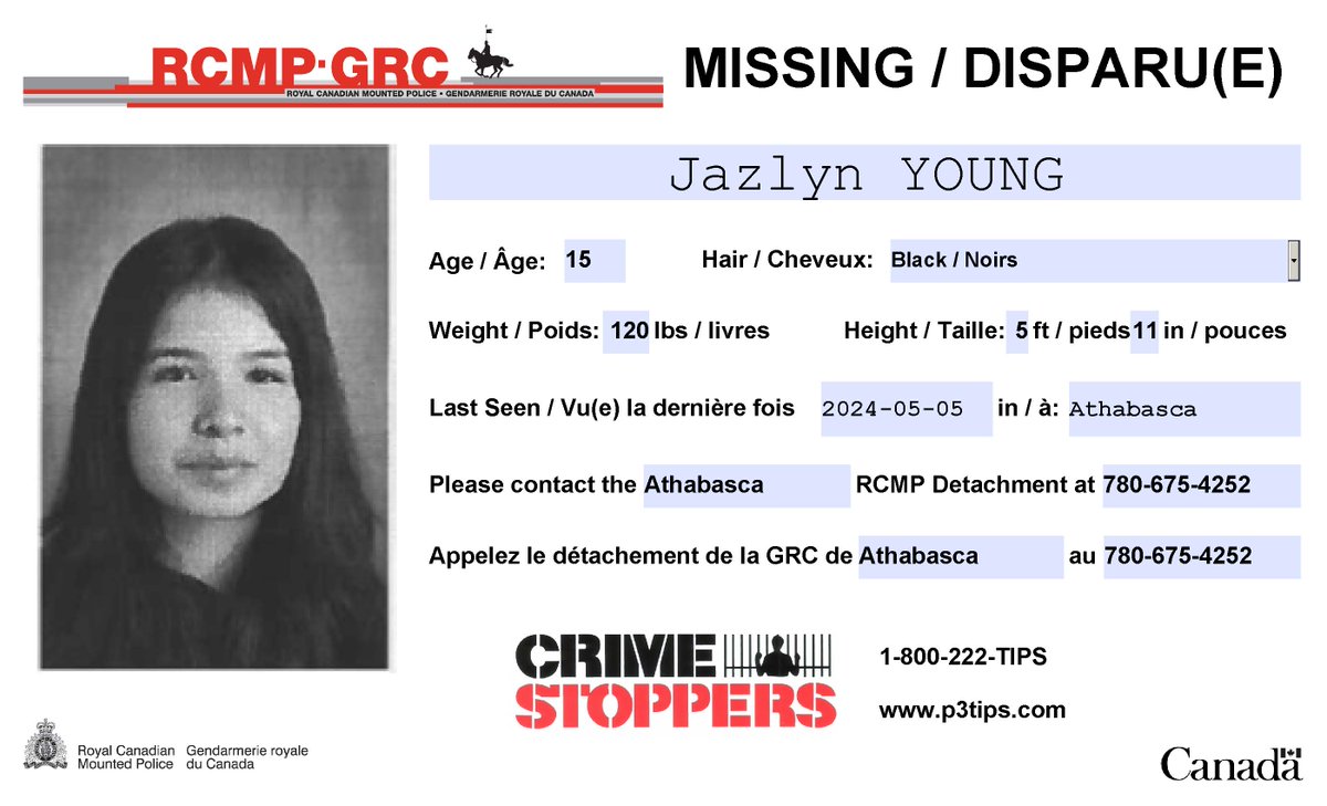 #Missing: Jazlyn Young, 15, #Athabasca. Possibly traveling to #Edmonton.