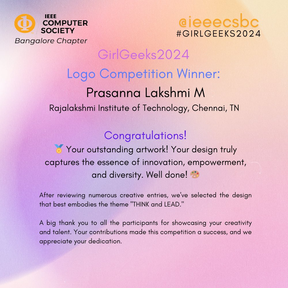 ieeecsbc's tweet image. After much deliberation, we are delighted to announce the victor of our esteemed Girl Geeks Hack 2024 Logo Design Competition. Join us in applauding the exceptional talent and creativity showcased by our winner.