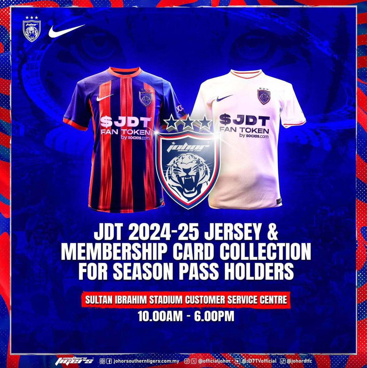 JDT 2024-25 JERSEY & MEMBERSHIP CARD COLLECTION FOR SEASON PASS HOLDERS To all season pass holders who have not collected their Johor Darul Ta'zim FC (JDT) 2024-25 packages, you can still do so at the Sultan Ibrahim Stadium Customer Service Centre from 10.00am to 6.00pm daily.