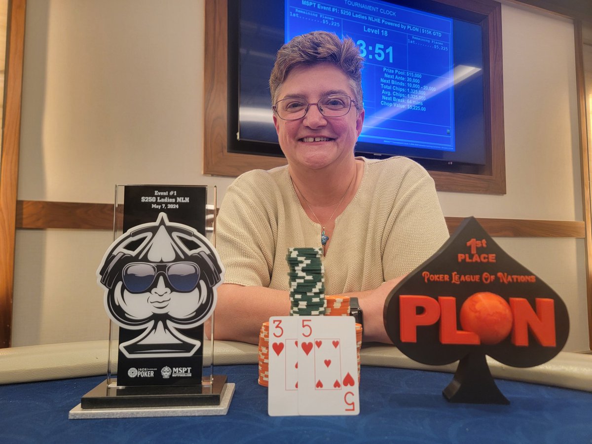 Congratulations to Jennifer Malensek for winning @MSPTpoker Event #1: $250 Ladies NLHE at @JACKClePoker @JACKCleCasino for $5,225 after besting the 53 player field! Jennifer takes home both the MSPT & @PokrLeagNations trophies!!! 🏆🏆🥳