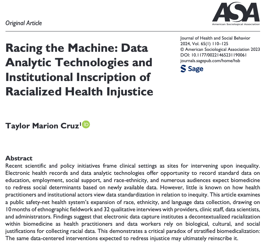 JofHSB's tweet photo. Are electronic health records fulfilling their promise of helping medicine identify and address social determinants of health? 

@taylormcruz explores in the March issue of #JHSB: https://t.co/2mZmDcFGGg.

@ASAMedSoc
@RaceGenderClass 
@csuf_sociology https://t.co/p2v4s4cwAR