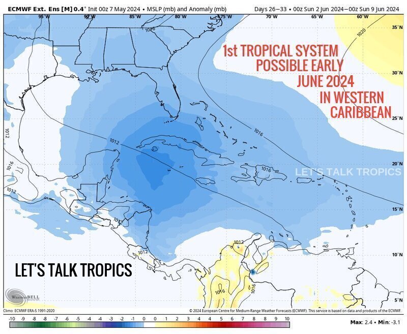 * The 1st Atlantic tropical system may form June 2-9, 2024, in the Western Caribbean Sea.  MONITOR.

#2024HurricaneSeason 
#HurricaneSeason 
#HurricanePreparedness 
#HURRICANE 
#Tropics 
#TropicsWx