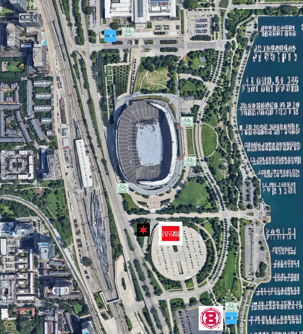 You can join the ride on your own bike, or on a @DivvyBikes. There is a bike valet (red star on map) just south of the stadium next to the Waldron deck. On top of which @Sector_Latino12 host a #cf97 tailgate. There are many bike racks surrounding the stadium on all sides. 1/2