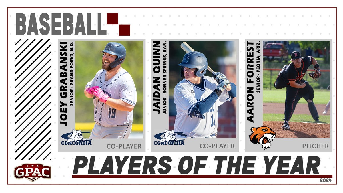 Great Plains Athletic Conference (@gpacsports) on Twitter photo BASEBALL: Joey Grabanksi and Jaidan Quinn of <a href="/cunebulldogs/">Concordia Bulldogs</a> named Co-Players of the Year. Aaron Forrest of <a href="/DoaneAthletics/">Doane Tigers 🐯</a> named Pitcher of the Year to highlight All-Conference Honors.
Full Release with 1st & 2nd Team and Gold Gloves Honors:
bit.ly/gpac-bsb-ac24 BASEBALL: Joey Grabanksi and Jaidan Quinn of <a href="/cunebulldogs/">Concordia Bulldogs</a> named Co-Players of the Year. Aaron Forrest of <a href="/DoaneAthletics/">Doane Tigers 🐯</a> named Pitcher of the Year to highlight All-Conference Honors.
Full Release with 1st & 2nd Team and Gold Gloves Honors:
bit.ly/gpac-bsb-ac24