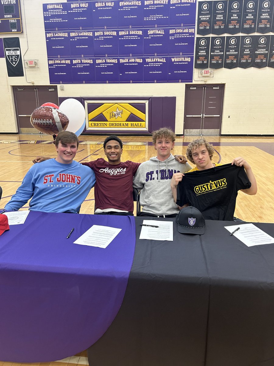 Congrats to Thomas Graves-St.John’s, Jaylen Gayles- Augsburg, Aiden Mackie- University of St. Thomas and Carter Snyder- Gustavus. These terrific senior leaders made their commitment to play college football at our signing ceremony today. We wish you all the best!