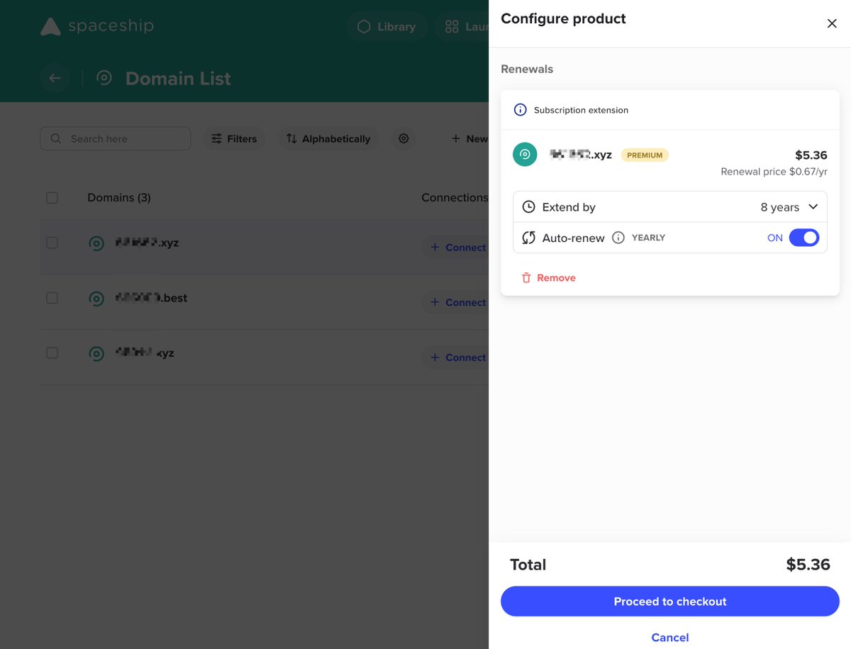 半年下来，不知不觉在飞船买到一些好域名了，六位数字的XYZ 域名简直就是翻墙佬的最爱，便宜又好记。我的常规操作是两个月后就续费