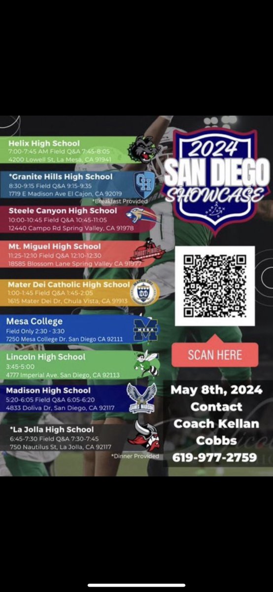 Excited to compete in tomorrows showcase!

Full padded practice with LIVE football! 

Thanks to Kellan Cobbs for the opportunity!

Thank you to the CCCAA and NCAA officials who have been with us this spring! 

@SDmesafootball @SDCFOA #BALLIN