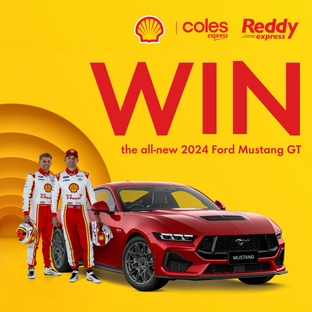 Your chance to WIN an all-new 2024 Ford Mustang GT! 
Spend $20 or more in one transaction on eligible fuel or in-store products at any Shell Coles Express or Reddy Express!* Ask for your receipt and keep it safe. Then enter at shell.com.au/mustang by 3 July 2024.
*T&amp;C's apply