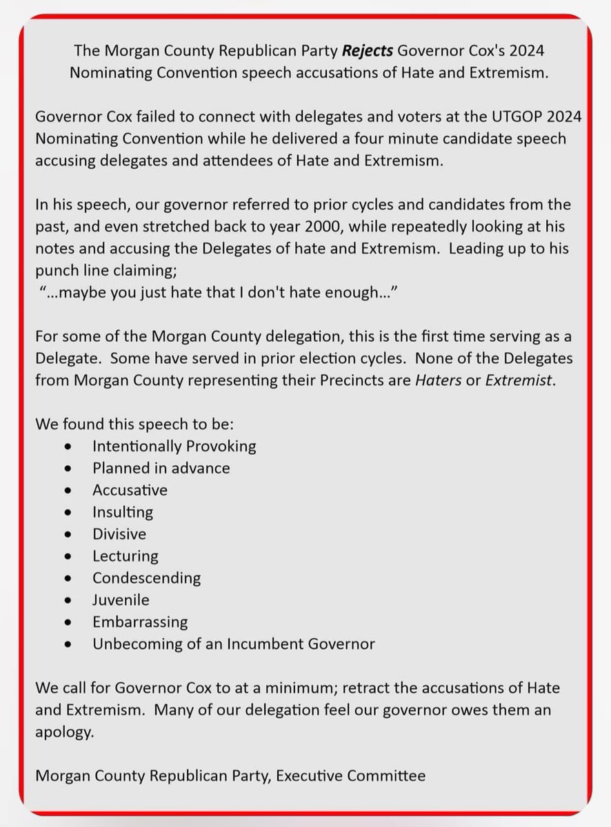 Breaking: The Morgan County Republican Party Rebukes @SpencerJCox REJECTING his Convention Speech! Many in the delegation are seeking an apology! Republicans across Utah want @phil_lyman for our next Governor!