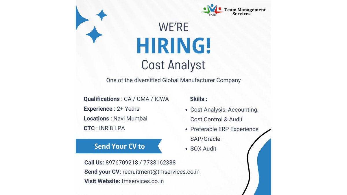 Cost-conscious enthusiast wanted! We are Hiring a Cost Analyst to champion fiscal responsibility.

recruitment@tmservices.co.in | 8976709218 – 7738162338

#tms #hrmode #hr #hrservices #hroutsourcing  #mumbai #wednesday #costanalyst

[Hiring Cost Analyst, Jobs for Cost Analyst]