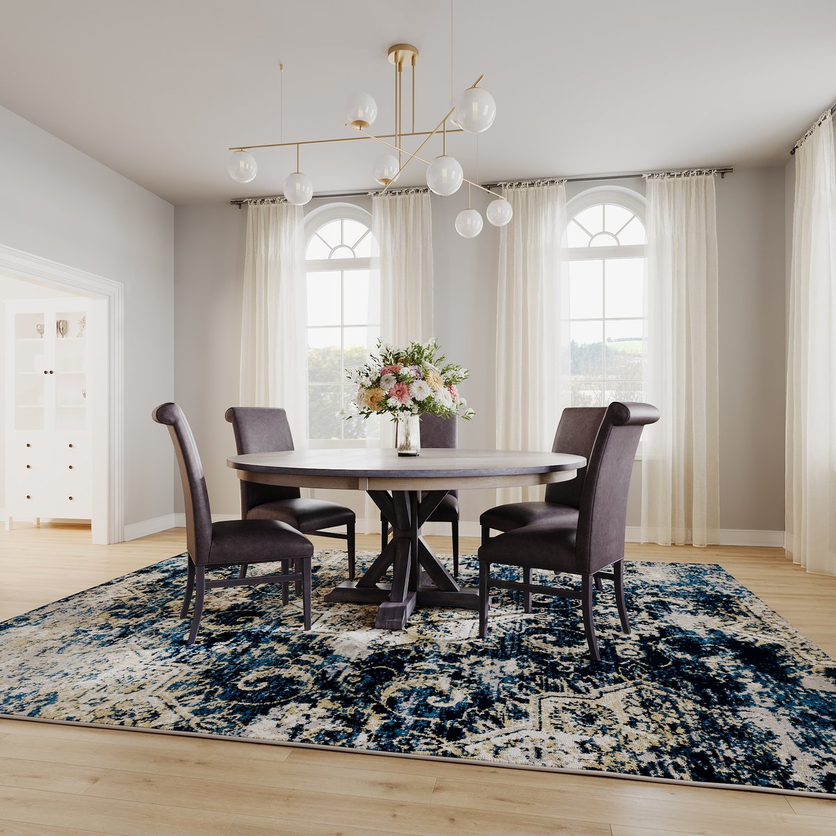 Transform mealtime into magic with the Alberta 72' Antique Slate Round Dining Table at galleryfurniture.biz/4a6R576, and complete your dining haven with the Navy/Ivory 7.10X10.10 rug at galleryfurniture.biz/44LTseB. Plus, with GF's same-day delivery, you won't have to wait to start the…