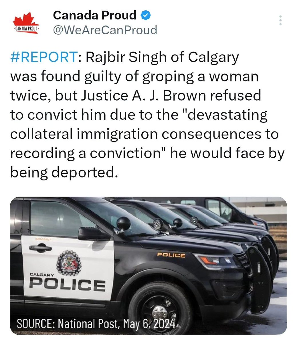 Rajbir Singh de Calgary reconnu coupable d'avoir peloté une femme à 2 reprises, le juge Brown a refusé de le condamner, raison «conséquences collatérales dévastatrices en matière d'immigration de l'enregistrement d'1 condamnation» auxquelles il serait confronté en cas d'expulsion