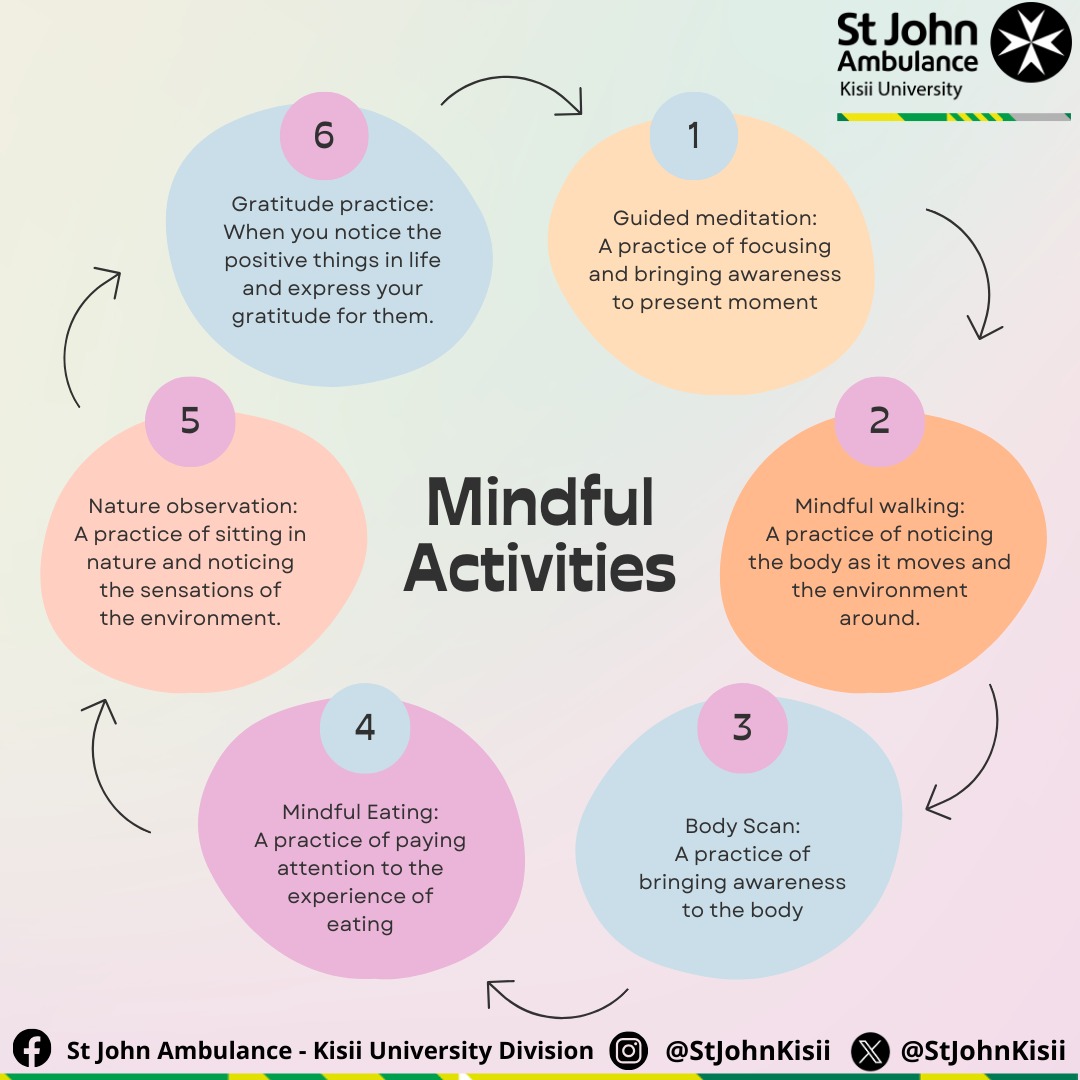 Let's enlighten you during this Mental Health Awareness Month with some Mindful Activities! What are some mindful activities you routinely practice?
#mentalhealthawareness #StJohnKisii #KisiiUniversity