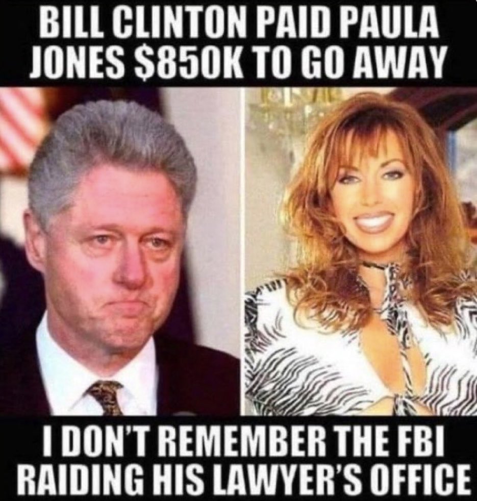 Bill Clinton had a string of women & affairs. He paid Paula Jones more than 3/4 of a million dollars to go away. He also lied about Monica Lewinsky. No threats of jail time, no idictments, no charges. Paula was credible. Stormy is a liar. Who is voting Trump 2024? 🙋‍♂️