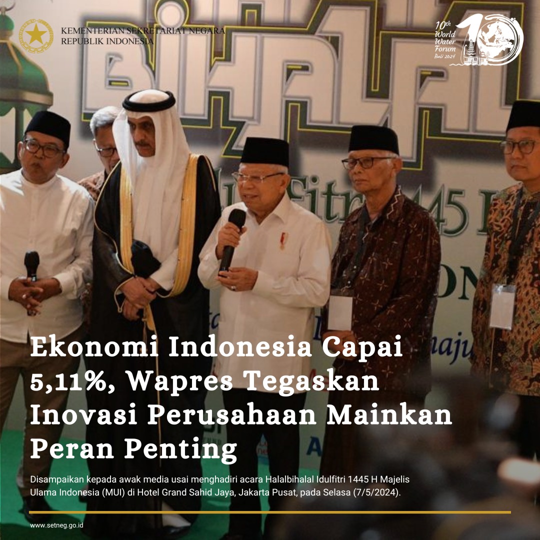 1. Wakil Presiden K.H. Ma’ruf Amin menyampaikan kepada awak media usai menghadiri acara Halalbihalal Idulfitri 1445 H Majelis Ulama Indonesia (MUI) di Hotel Grand Sahid Jaya, Jakarta Pusat, pada Selasa (07/05) bahwa...