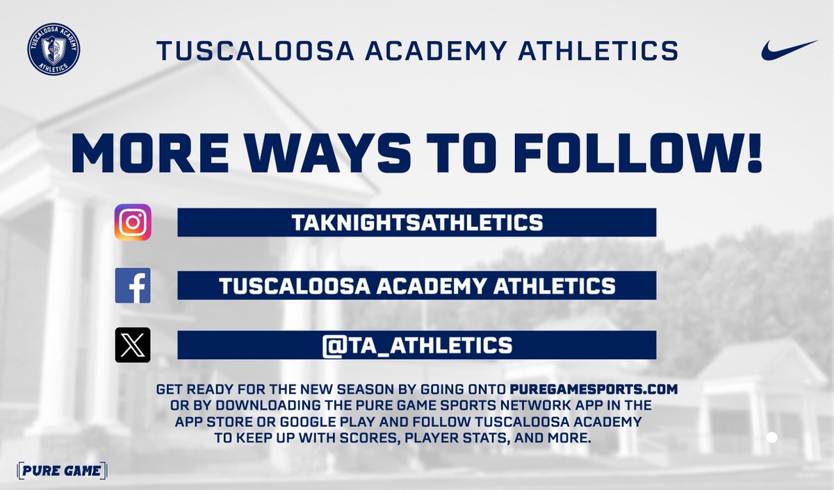 𝗠𝗢𝗥𝗘 𝗪𝗔𝗬𝗦 𝗧𝗢 𝗙𝗢𝗟𝗟𝗢𝗪 - 𝗧𝘂𝘀𝗰𝗮𝗹𝗼𝗼𝘀𝗮 𝗔𝗰𝗮𝗱𝗲𝗺𝘆 𝗔𝘁𝗵𝗹𝗲𝘁𝗶𝗰𝘀 Sign up today to follow & share/like TA Knights Athletics on X, Instagram & FACEBOOK. #TuscaloosaAcademy #GoKnights @taknightsfan