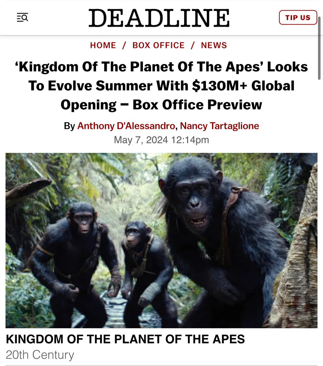 ‘Kingdom Of The Planet Of The Apes’ Looks To Evolve Summer With $130M+ Global Opening – Box Office Preview
In Japan Box Office, Planet of the Apes will lose to Detective Conan.
#kingdomoftheplanetoftheapes #theplanetoftheapes #owenteague #wesball #20thcenturystudios #scifimovie