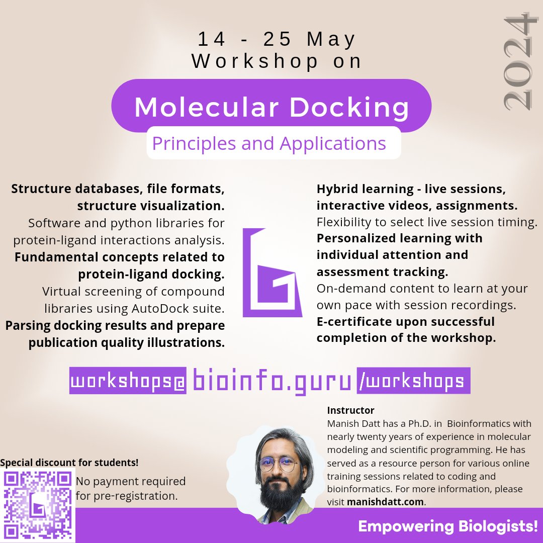 Two weeks workshop on Molecular Docking - Principles and Applications from 23 April - 4 May 2024.
bioinfo.guru/workshops 

#bioinformatics #biotechnology #drugdiscovery #pharmacology #docking #workshop #virtualscreening #cheminformatics #research #upskill #bioinfoguru