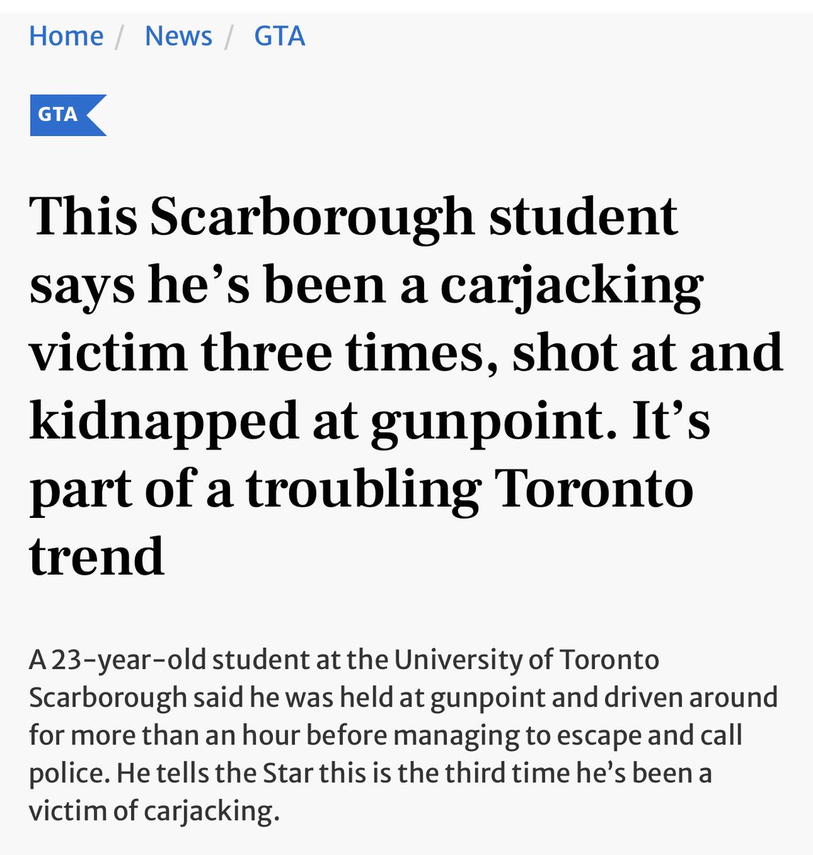 Toronto now has so many car jackings that victims are getting hit more than once. 

thestar.com/news/gta/this-…