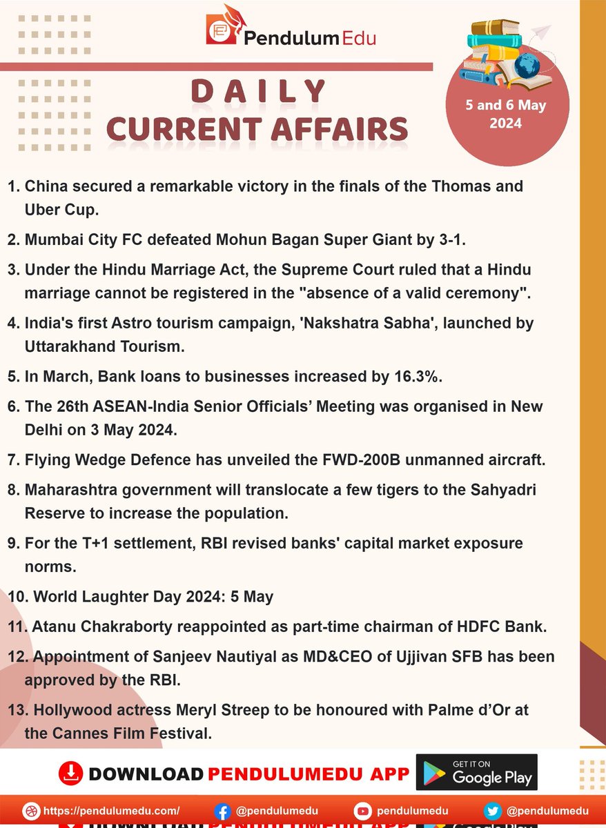 🌹Current Affairs🌹 Here 👇👇 is the important Current Affairs of 5th & 6th May, 2024. #UPSC #TSPSC #APPSC #KPSC #RPSC #GPSC #NPSC #TNPSC #CurrentAffairs #May #GS (Data courtesy: #PendulumEdu)