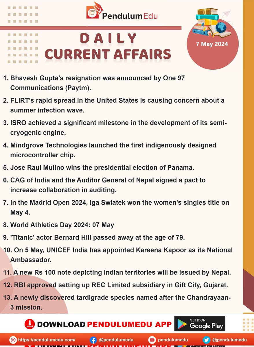 🌹Current Affairs🌹 Here 👇👇 is the important Current Affairs of 7th May, 2024. #UPSC #TSPSC #APPSC #KPSC #RPSC #GPSC #NPSC #TNPSC #CurrentAffairs #May #GS (Data courtesy: #PendulumEdu)