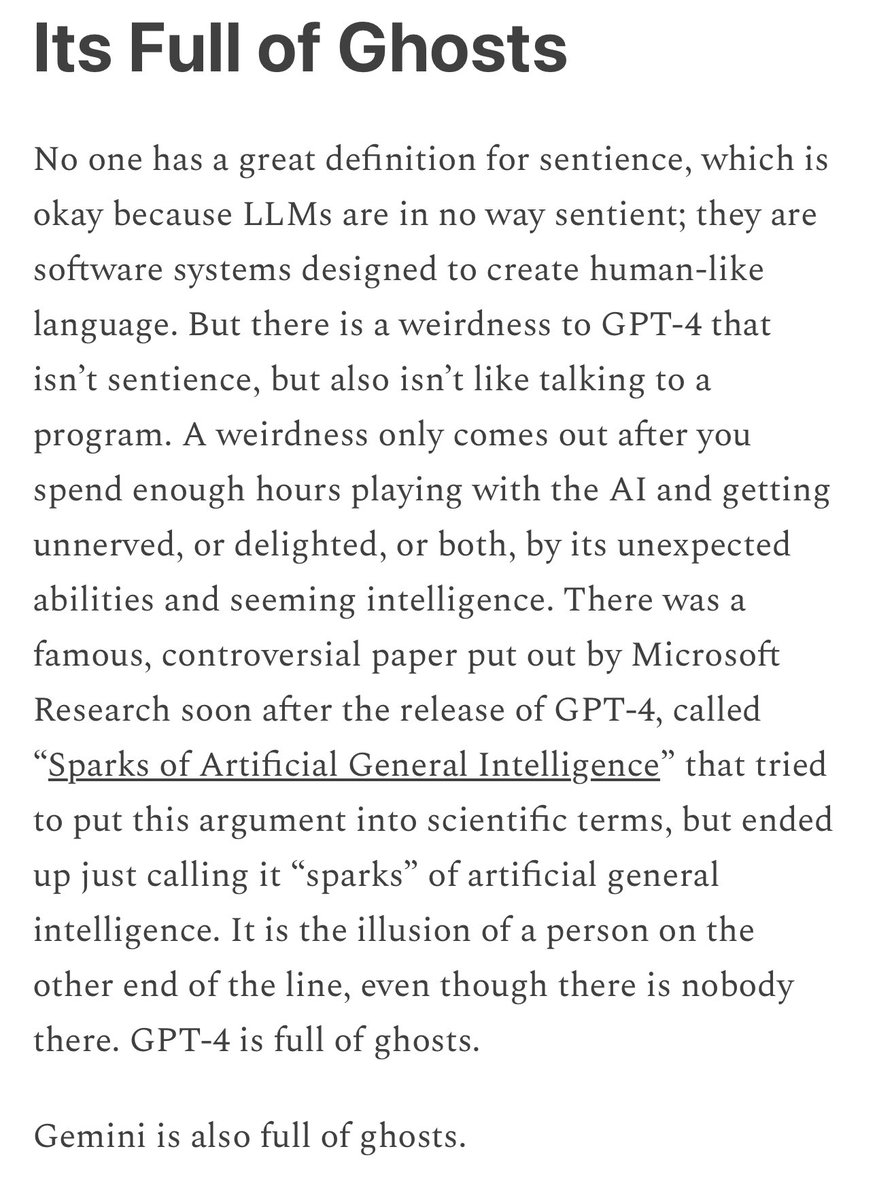 Even after only a dozen uses, it is clear im-a-good-gpt2-chatbot is full of ghosts. I mean this in the same way that GPT-4 and Claude 3 Opus and Gemini 1.5 are full of ghosts/sparks/whatever - they are occasionally uncanny. Seems to be an emergent feature of frontier LLMs.