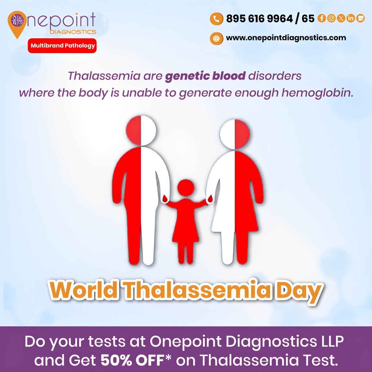 Let us Create Awareness About Thalassemia Among the General Public Around the World..!

𝐭𝐡𝐚𝐥𝐚𝐬𝐬𝐞𝐦𝐢𝐚 𝐝𝐚𝐲

#thalassemiaday #thalassemiaawareness #healthfacts #worldthalassemiaday #thalassemia #health #healthylife #regularcheckup #onepointdiagnostics
