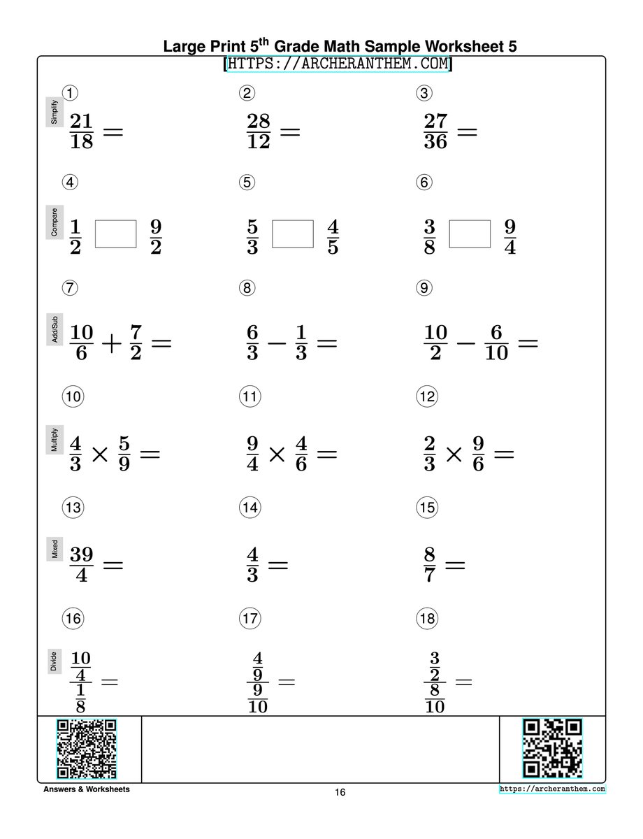 Large Print 5th Grade Math Fractions Printable Worksheet  [ARCHERANTHEM.COM] Designed for Children with Low Vision, but Helpful for All Children. Scan QR Code for Answers and More Sample Worksheets.
archeranthem.com/workbooks/larg…

#homeschool #math #largeprint #SightLoss