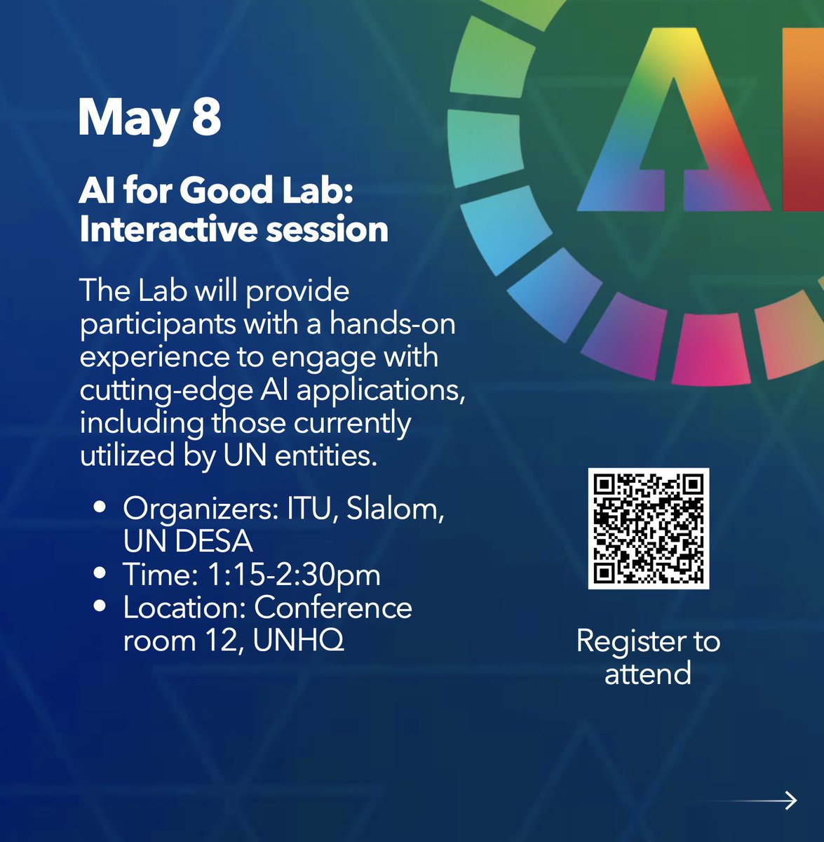 How does #AI drive progress on the #SDGs? 🤔

Join the @AIforGood Lab INTERACTIVE session happening today at the UNHQ and engage with some amazing AI applications.

REGISTER here: bit.ly/4dp7wi1

#Tech4SDGs @ITU @Slalom @UNDESA